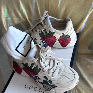 Gucci Beige Sneakers with Strawberry Motif